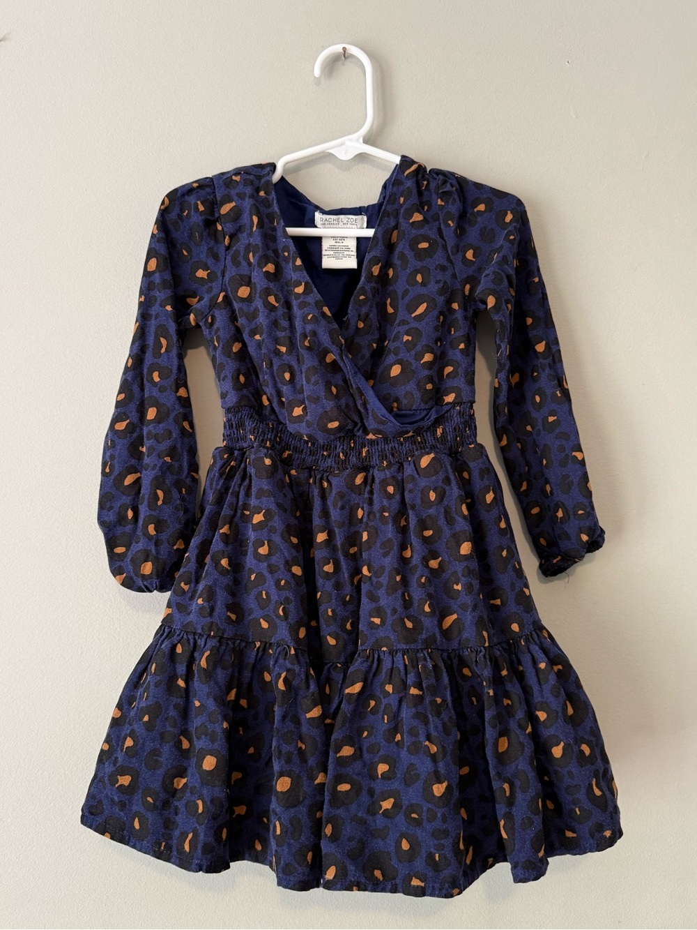 Rachel Zoe Navy Cheetah Long-Sleeve Tiered Kids Dress